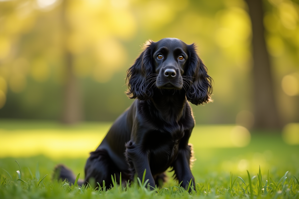 Cocker Spaniel noir assis dans un parc ensoleille