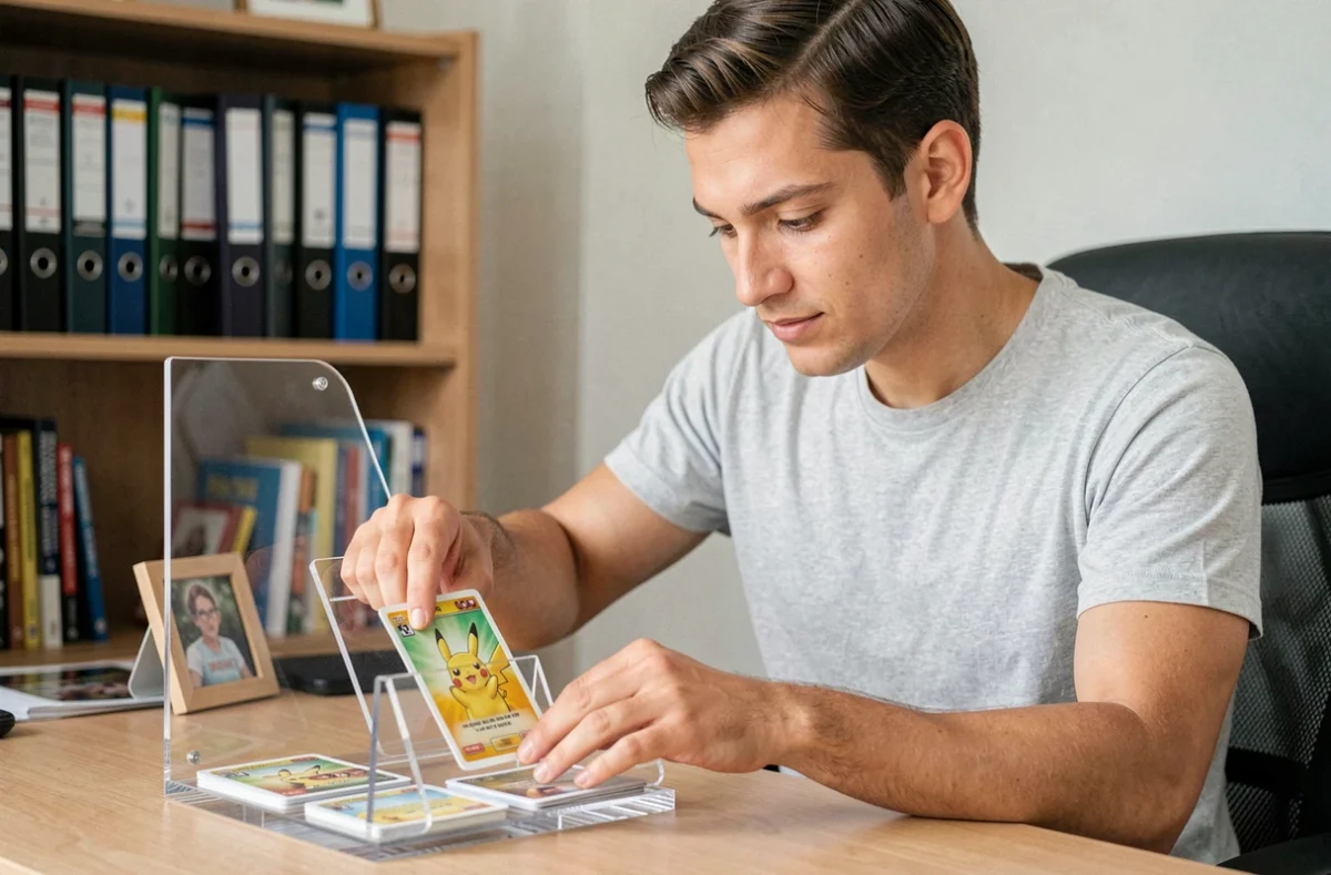 Collectionneur rangeant une carte Pikachu ex Étincelles Déferlantes dans un étui de protection acrylique
