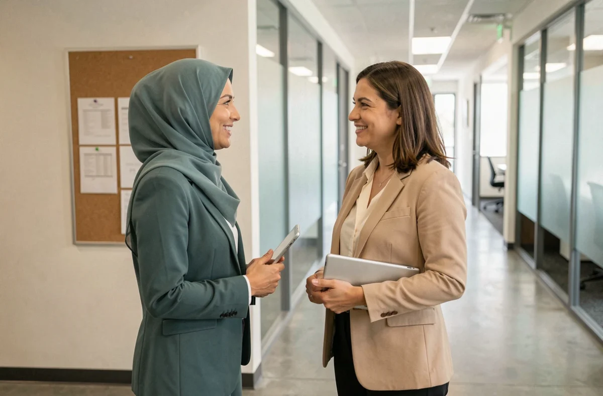 Deux collègues féminines discutant avec bienveillance dans un couloir d'entreprise pendant le ramadan