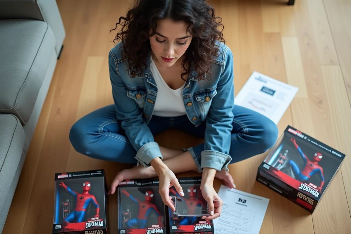 Femme comparant plusieurs boîtes de figurines Spider-Man pour identifier une version authentique avant achat en ligne