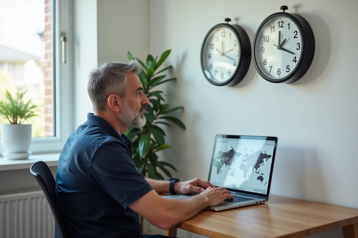 Homme comparant deux horloges murales affichant l'heure de Sydney et Paris dans un bureau moderne