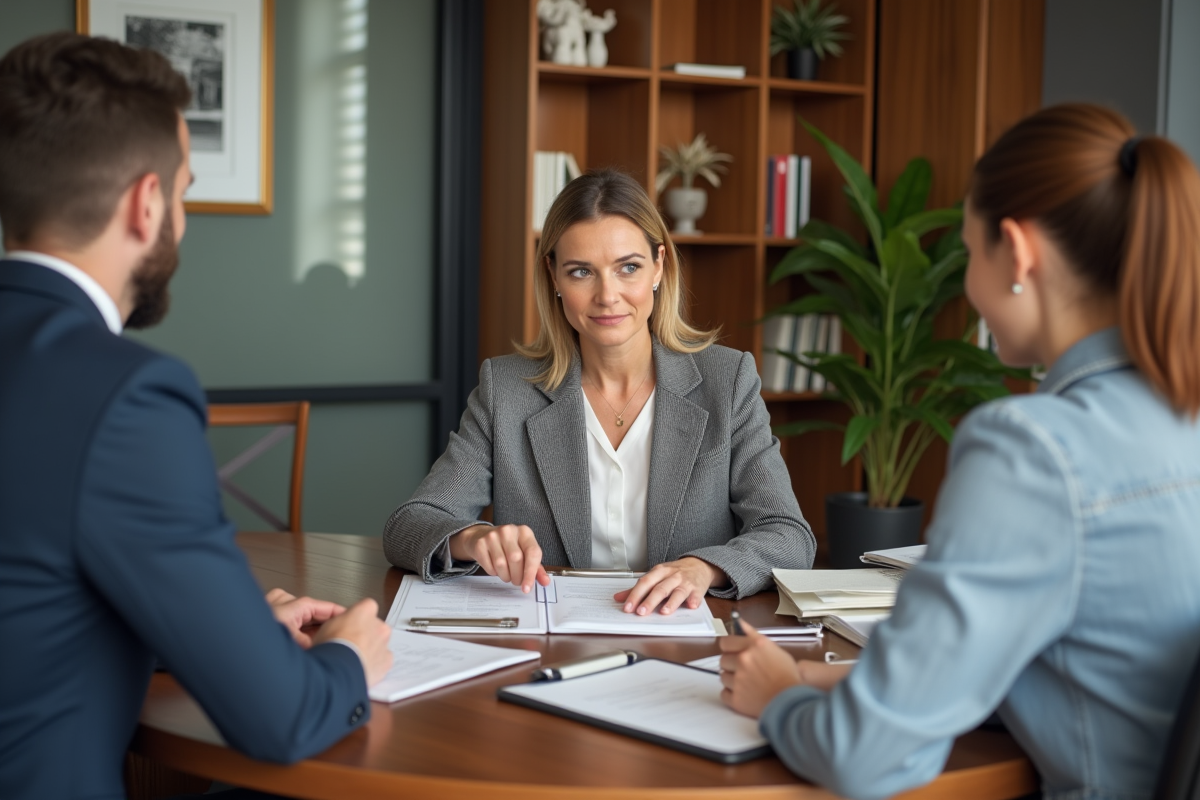 Conseillère immobilière expliquant un dossier à un jeune couple