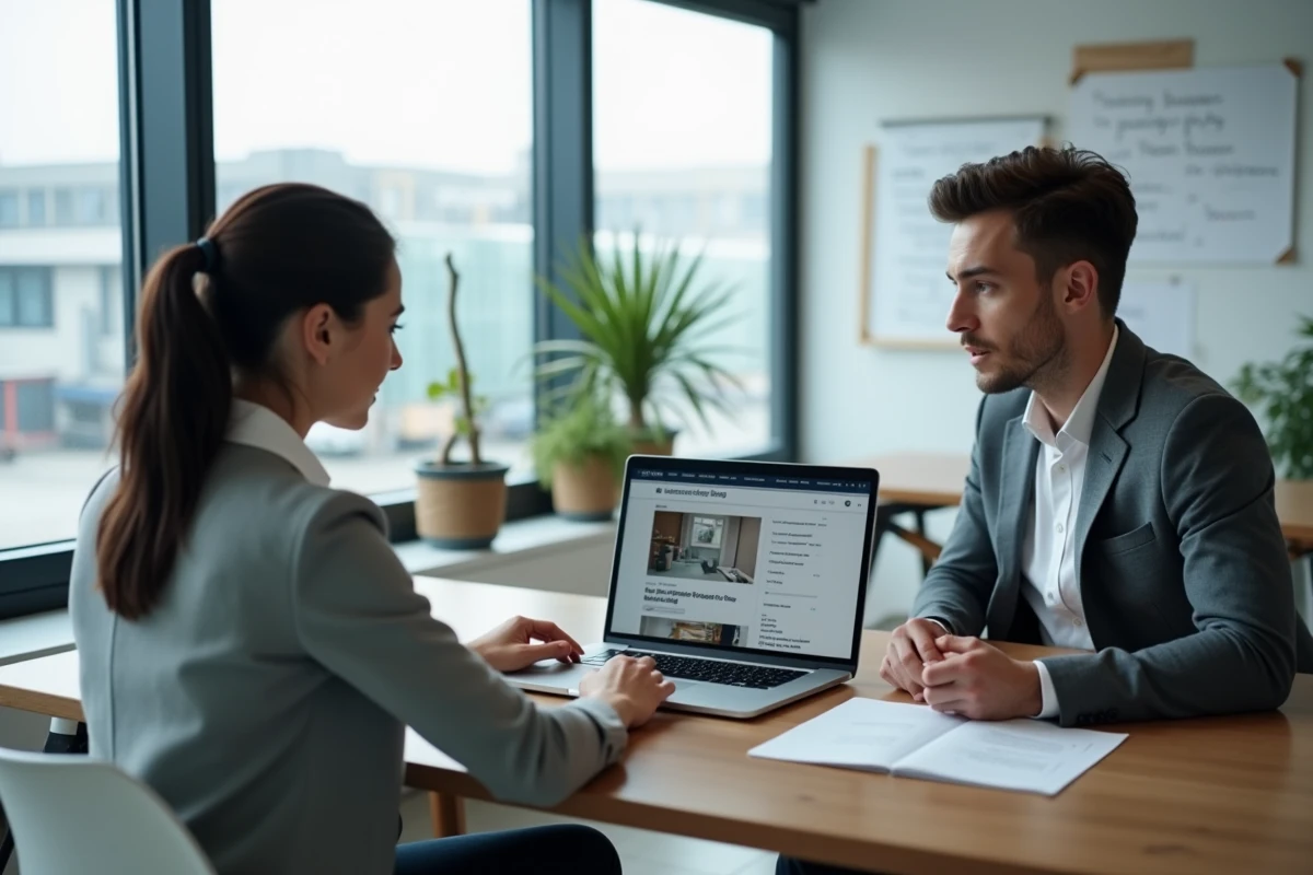 Consultante et dirigeant de PME discutant d'une stratégie de transition numérique autour d'un blog professionnel