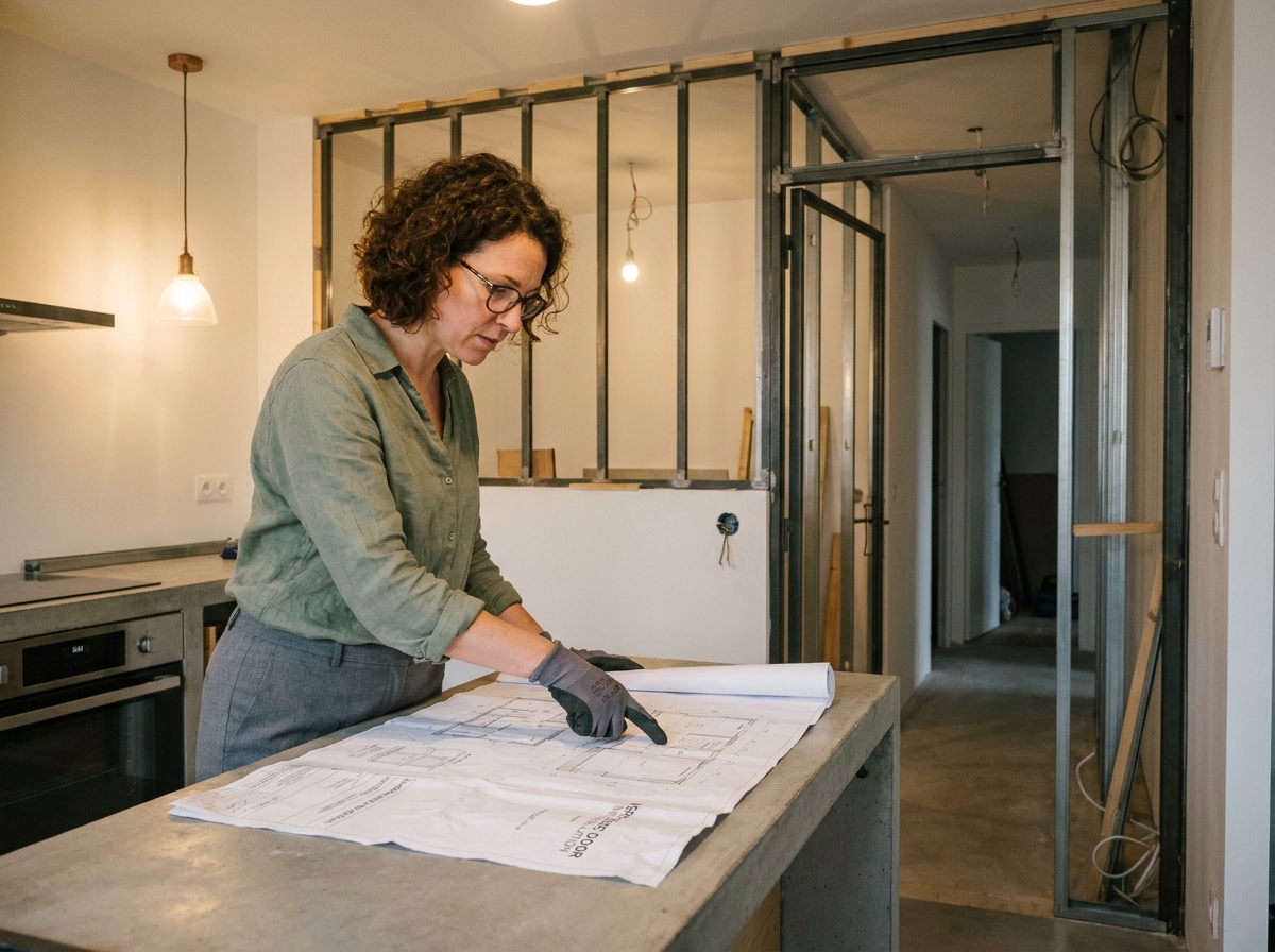 Femme consultant des plans d'installation d'une porte verrière battante dans une cuisine ouverte en cours d'aménagement