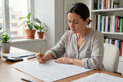 Femme calculant la conversion de degrés en pourcentage sur du papier millimétré avec une calculatrice scientifique