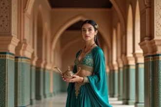 Jeune femme en costume oriental inspiré de Jasmine devant une arche mauresque ornée de mosaïques géométriques