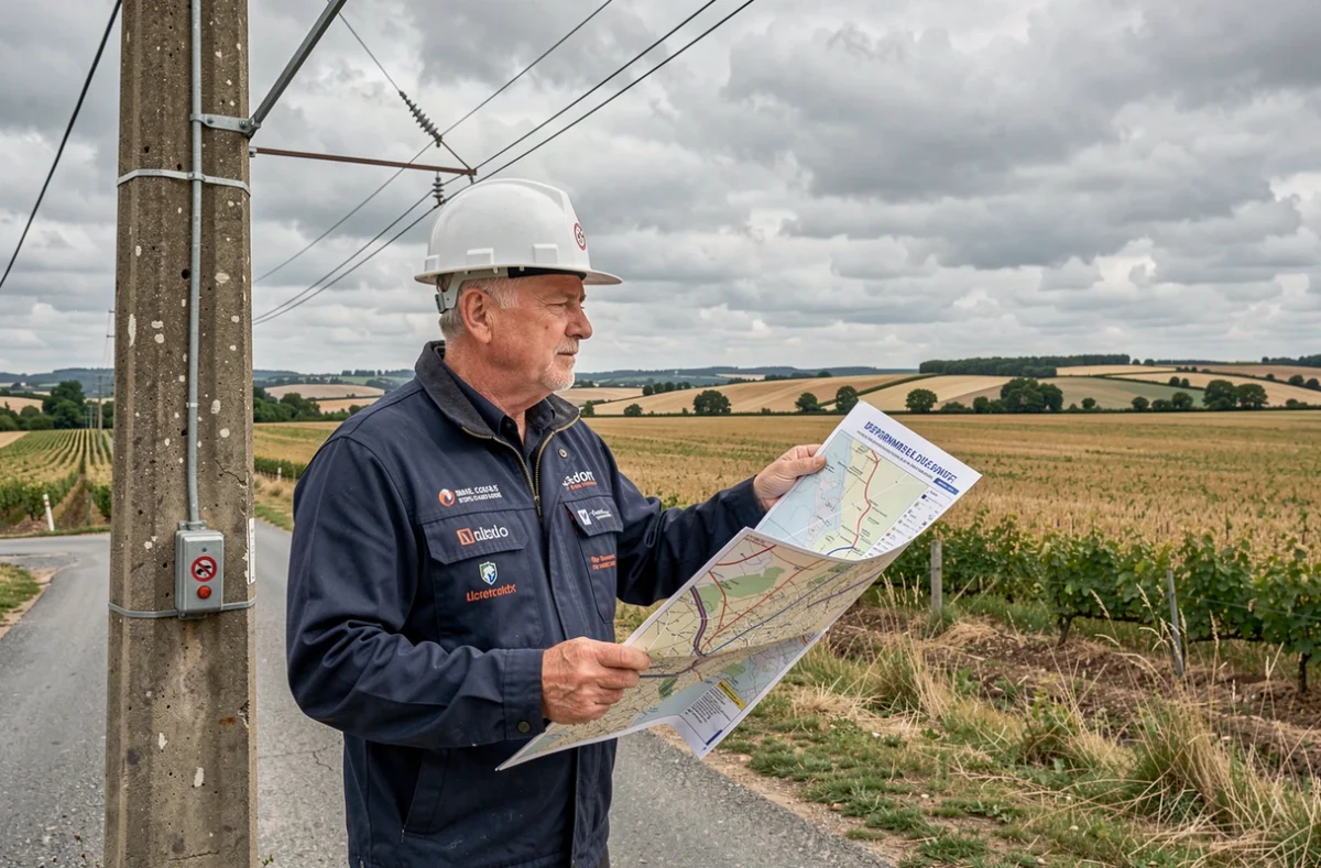 Électricien Côte d'Or Elec en intervention sur réseau rural avec vue sur la campagne bourguignonne