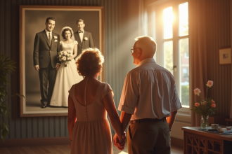 Couple agee tenant main devant photo vintage 1950s