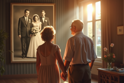 Couple agee tenant main devant photo vintage 1950s