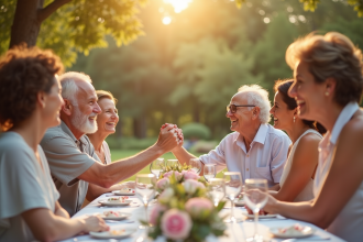 Couple d'âgés heureux lors d'une fête d'anniversaire en extérieur