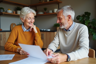 Couple d'adultes discutant de documents dans une cuisine lumineuse