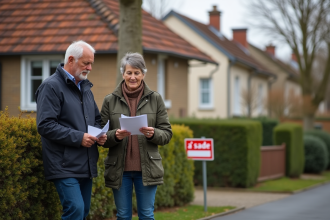 Couple français devant une maison avec panneau à vendre