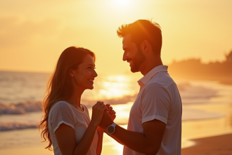 Couple souriant sur la plage au coucher de soleil