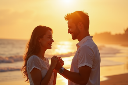 Couple souriant sur la plage au coucher de soleil