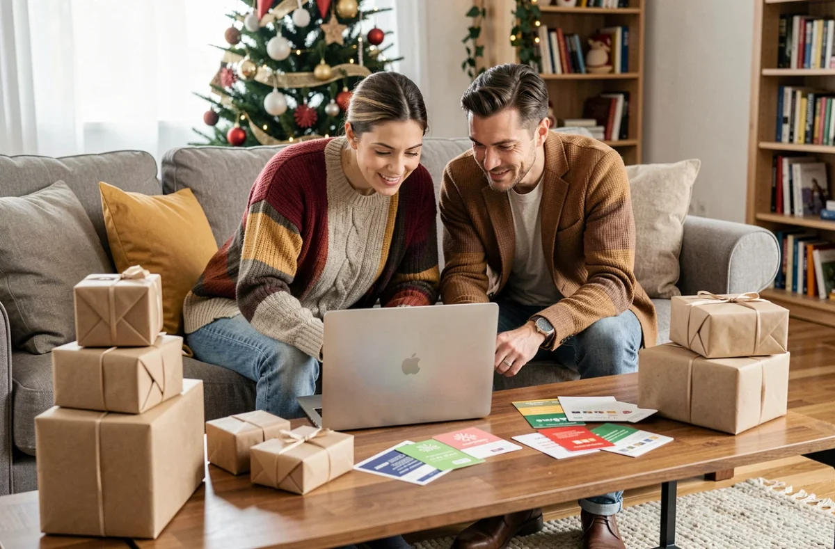 Couple planifiant l'utilisation de chèques cadeaux Infini entouré de paquets de Noël dans un salon