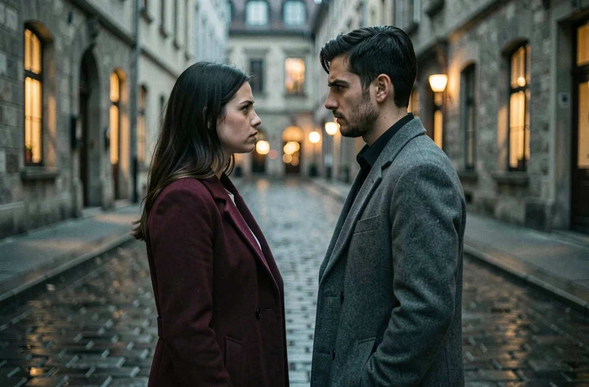 Couple face à face dans une rue pavée européenne au crépuscule, moment de tension émotionnelle entre amour sincère et simple attirance passagère