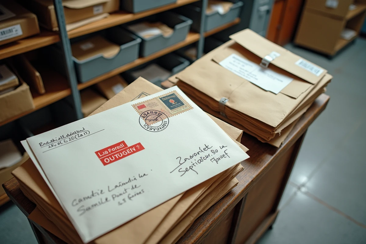 Courrier empilé avec cachet du samedi sur table de tri dans un bureau de poste en grève