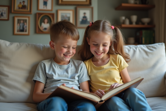 Cousins souriants regardant un album photo en famille