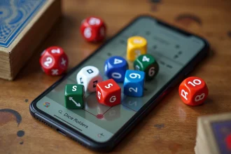 Cinq dés polyédriques colorés sur une table en bois avec un smartphone affichant le lanceur de dés Google
