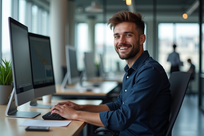 Jeune développeur devant ses écrans dans un bureau moderne à Paris