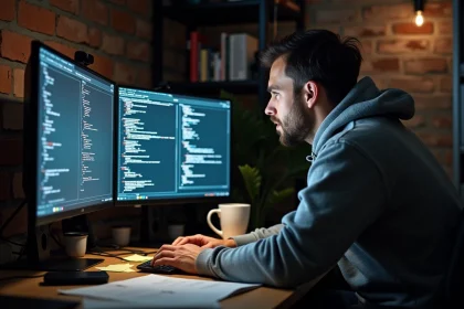 Développeur web consultant des pages d'enregistrement de domaine sur un double écran dans un bureau à domicile encombré