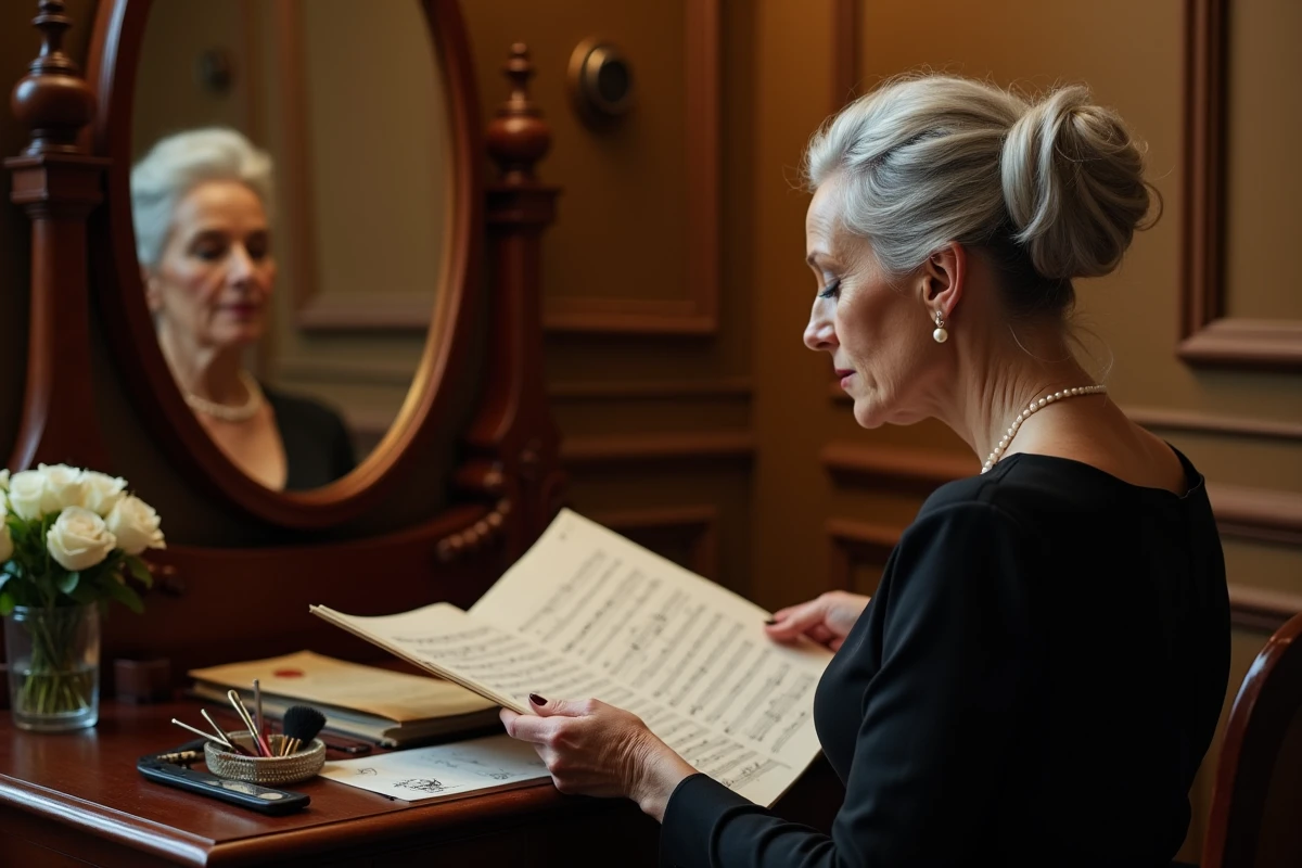 Diva d'opéra en coulisses consultant sa partition musicale dans sa loge de théâtre élégante