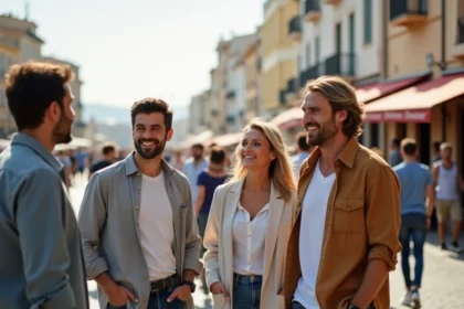 Groupe de personnes de différentes origines dans les rues animées du Vieux-Port de Marseille illustrant la diversité démographique de la ville
