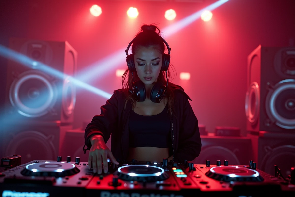 DJ femme derrière sa platine dans un club techno parisien entouré d'un système son et lasers façon festival