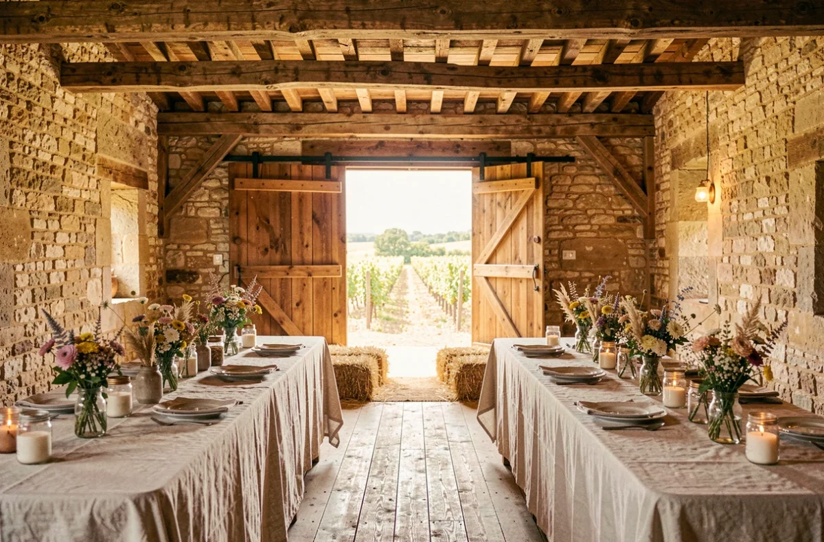Intérieur rustique du Domaine de l'Ale près de Béziers avec poutres en bois, murs en pierre et tables de réception champêtres
