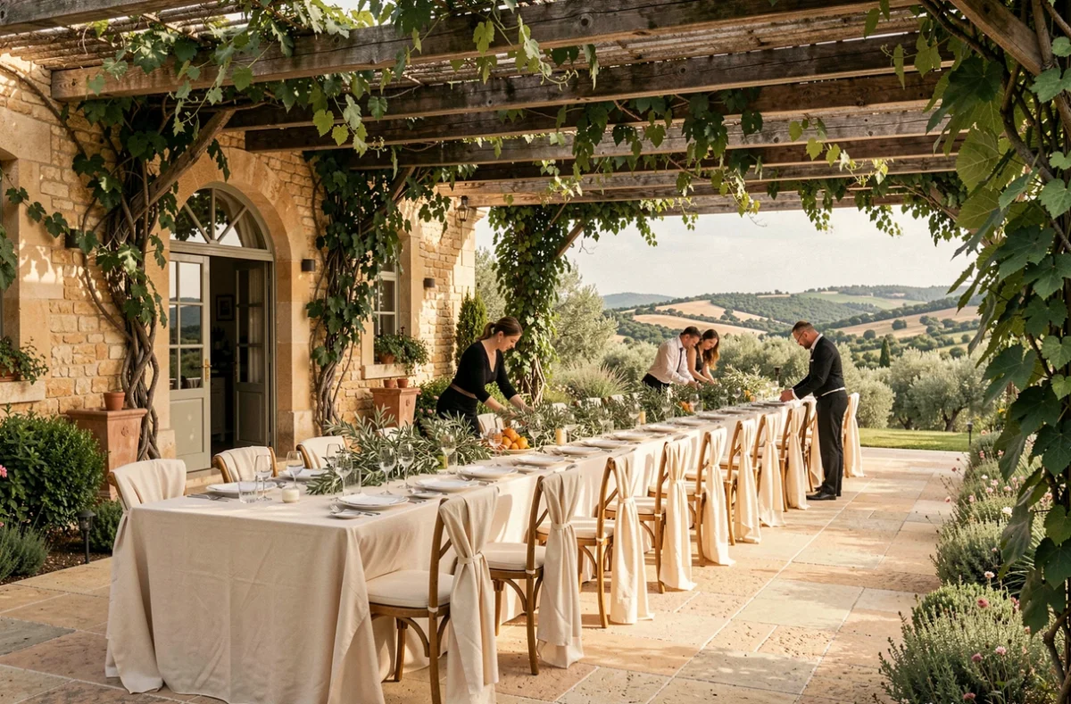 Terrasse du Domaine Le Grand Belly près de Nîmes avec décor de réception en pierre et vue sur la garrigue méditerranéenne