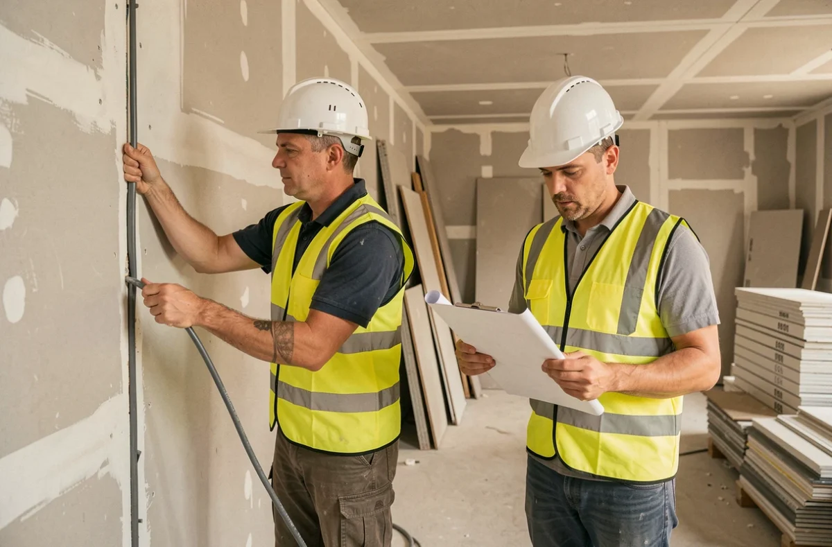 Deux électriciens Dynelec travaillant dans un bâtiment neuf en construction à Dijon