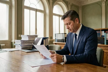 Élu municipal consultant des documents juridiques de droit public dans une salle de réunion d'une mairie française