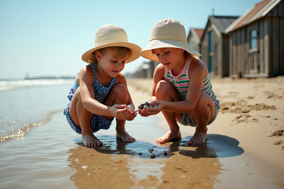 Enfants explorant les flaques de marée sur une plage familiale lors d'une journée de vacances en famille