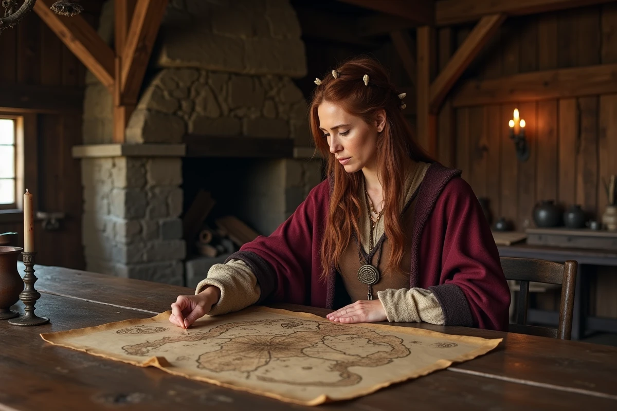 Femme viking médiévale étudiant une carte ancienne dans une salle de mead hall nordique, représentation historique des femmes de chefs vikings comme Aslaug