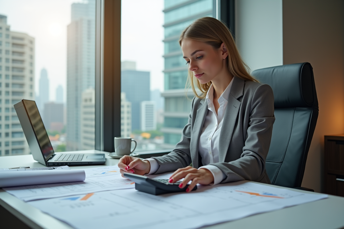 Jeune femme estimatrice au bureau avec plans et ville en arrière-plan
