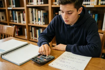 Étudiant calculant l'arcsin sur une calculatrice scientifique avec des notes de trigonométrie sur un bureau en bibliothèque