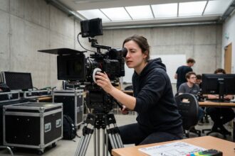 Étudiante en école de cinéma réglant une caméra professionnelle dans un studio de tournage pédagogique en France