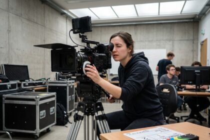Étudiante en école de cinéma réglant une caméra professionnelle dans un studio de tournage pédagogique en France