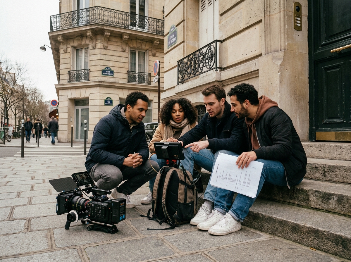 Groupe d'étudiants en cinéma en tournage extérieur dans une rue parisienne lors d'un exercice pratique scolaire