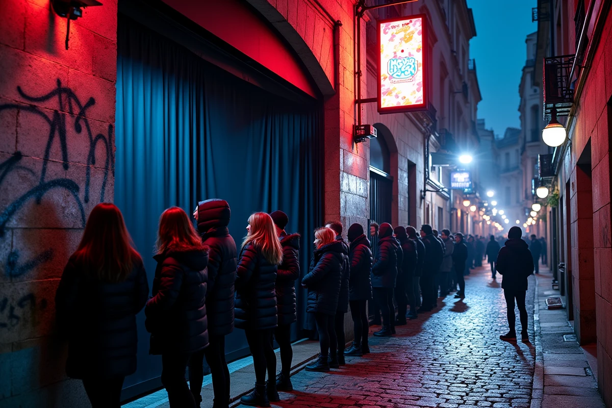 Façade extérieure d'un club techno parisien la nuit avec file d'attente système son festival et panneau LED