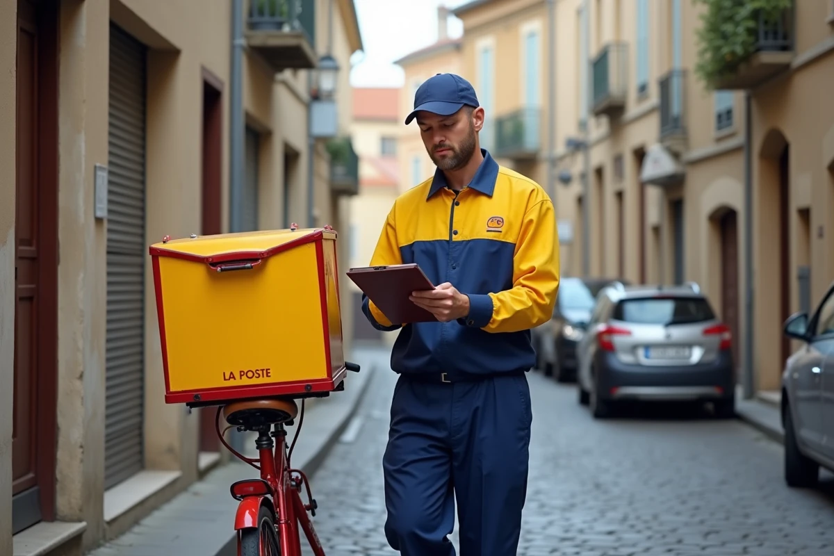 Facteur La Poste avec vélo de livraison dans une rue française pendant une grève postale