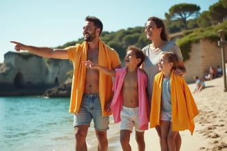 Famille en vacances au bord de l'eau dans une station balnéaire française, profitant d'une journée en plein air