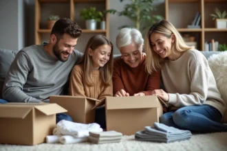 Famille multigenerational souriante avec cadeaux à la maison