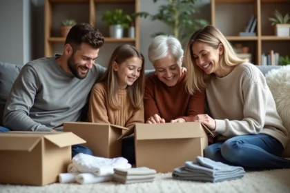 Famille multigenerational souriante avec cadeaux à la maison