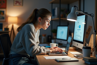 Jeune femme fatiguée devant ses appareils numériques