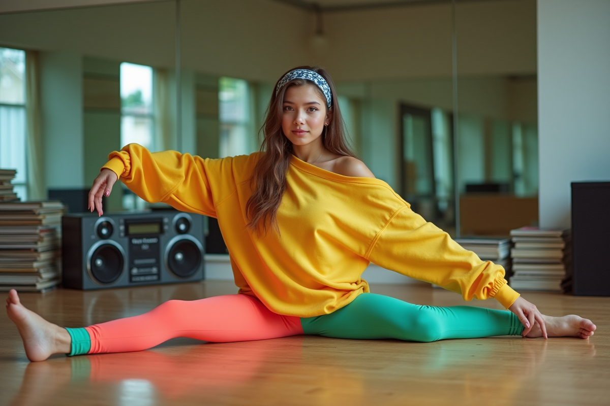 Jeune femme en tenue de sport vintage en studio