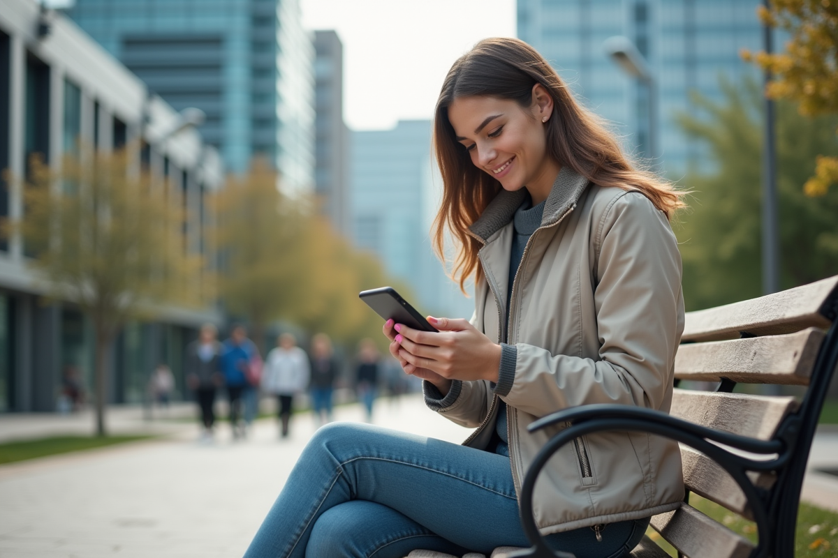 Jeune femme assise sur un banc dans un parc urbain avec smartphone