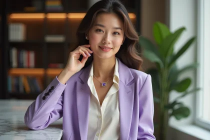 Femme élégante portant une blouse ivoire et blazer lavande avec un pendentif violet