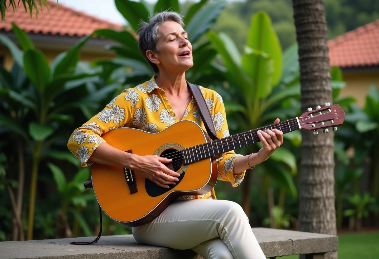 Femme brésilienne chantant dans un jardin avec guitare