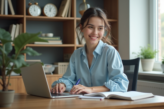 Jeune femme au bureau travaillant sur son ordinateur